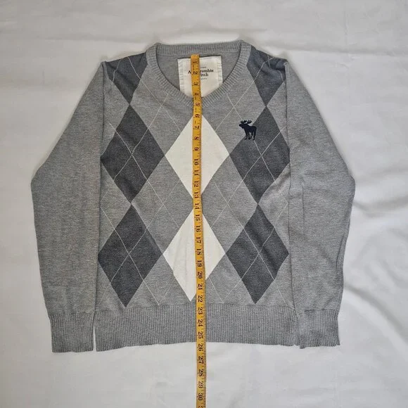 Abercrombie & Fitch Gray Argyle Moose Logo V-Neck Pullover Sweater Men's Size XL - Picture 9 of 9